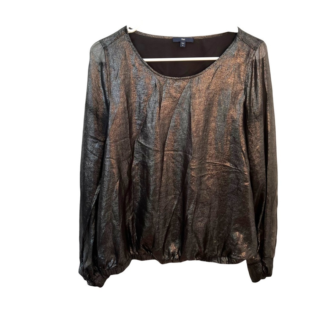 Gap Womens Size Small Long Sleeve Scoop Neck Blouse Black Metallic Elastic Waist